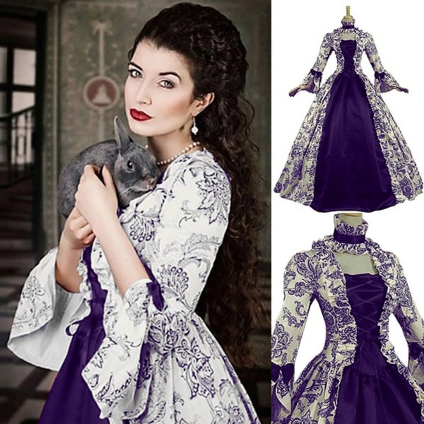 Kvinnor Cosplay Marie Antoinette Klänning Vintage Medeltida Flare Sleeve Victorian Party Formell Klänning Renaissance Gothic Blommor Robe Purple XXXXXL