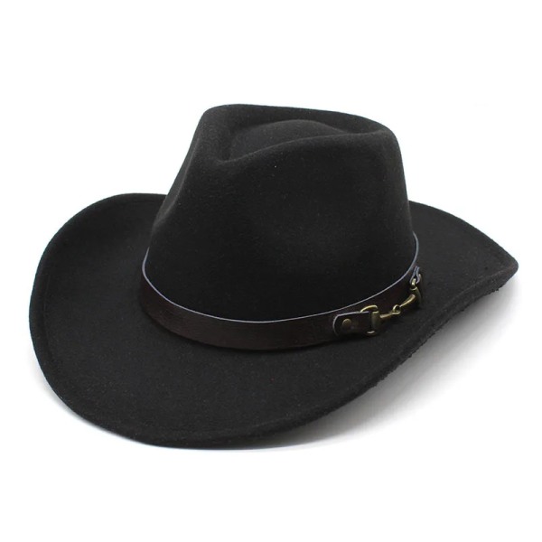 Vintage män västerländsk cowboyhatt med bälte dekoration bred brättad cowgirl cap Vaquero sombreros vaqueros para mujer Black