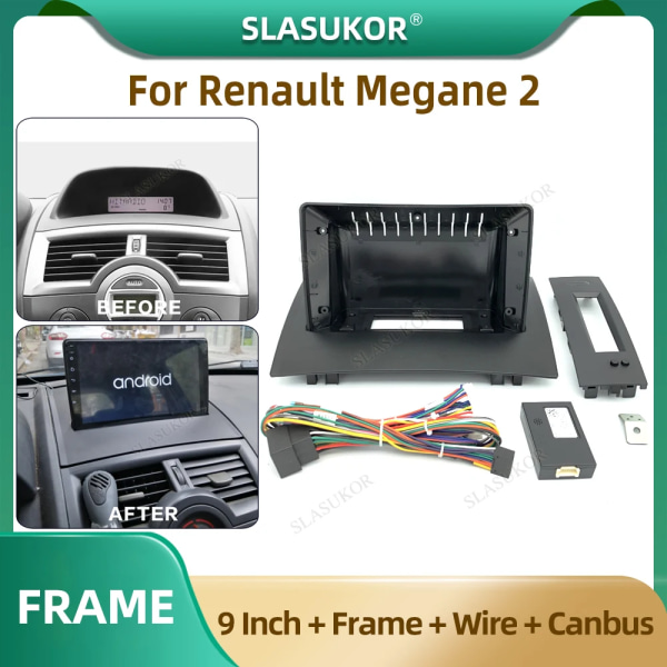 9 tums bilradiofascia för Renault Megane 2 2002-2009 bilradiopanelspelare ljudram instrumentbrädesmonteringssats med kabel wire B