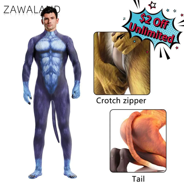 Zawaland Cosplay kostym för manlig vuxen cover elastisk Zentai husdjursdräkt Djur Hund Print Catsuit Body med svans 1024 S