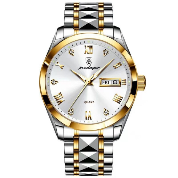 POEDAGAR Klockor i lyxstil Herr 2023 Mode Rostfritt stål Vattentät kalendervecka Quartz Gold Watch For Man Reloj Hombre GW