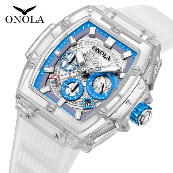 ONOLA märkesdesigner watch Herr 2021 casual unik Lyx Quartz armbandsur manlig fyrkantig Transparent vit Sport Watch ON6811 white blue