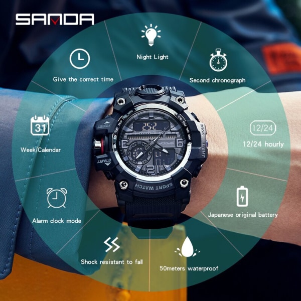 SANDA G style New Men Watch 50M Vattentät Sport Militär Quartz Watch For Man Electron Digital Armbandsur Reloj De Hombre Black red 3133
