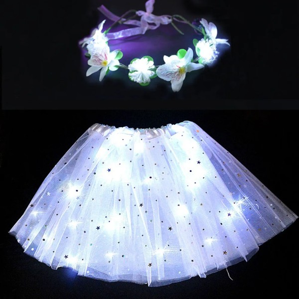 Flicka Kvinnor Flower Fairy Light Up Tutu Led-kjol Star Glow Pannband Krans Party-blå kjol blue  skirt for  2-8 years