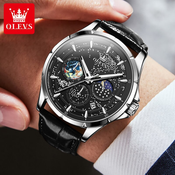 OLEVS Original Quartz Watch för män Starry Sky Date Moon Phase Lysande vattentät läderrem Business Herr Quartz Watch black5538