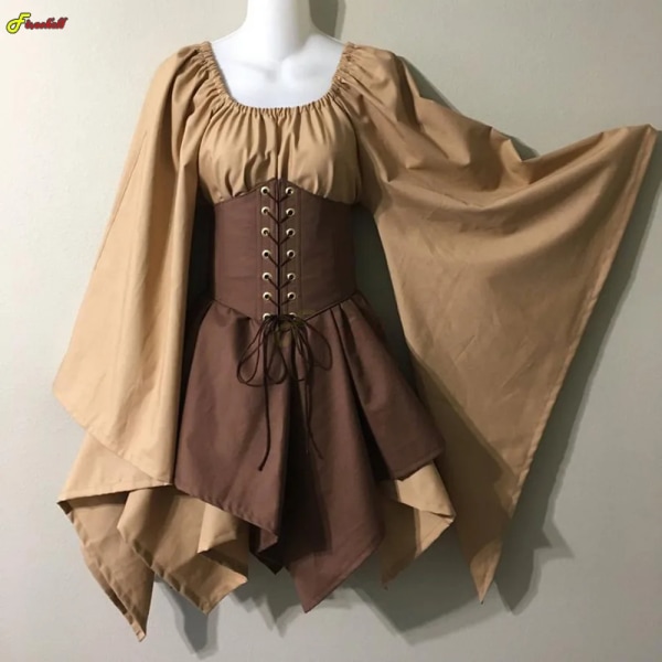 Halloween Cosplay Palace Victoria Medeltida Vintage Fairy Elf Kostym För Kvinnor Prinsessan Bandage Jul Ptachwork Festklänning Khaki dark Khaki S