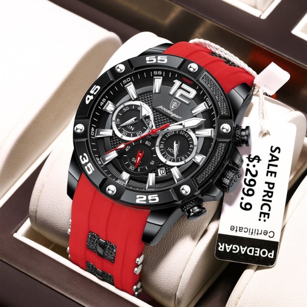 Lyx Man Armbandsur Sport Kronograf Silikonrem Herr Klockor Vattentät Lysande Date Herr Watch Mode Black Red