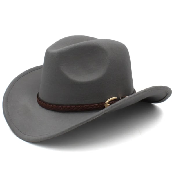 Kaffeläderband Vintage Förälder barn Kvinnor Män Barn Barn Ull Bred brätte Cowboy Western Hatt Cowgirl Cap 54 57 61cm Gray