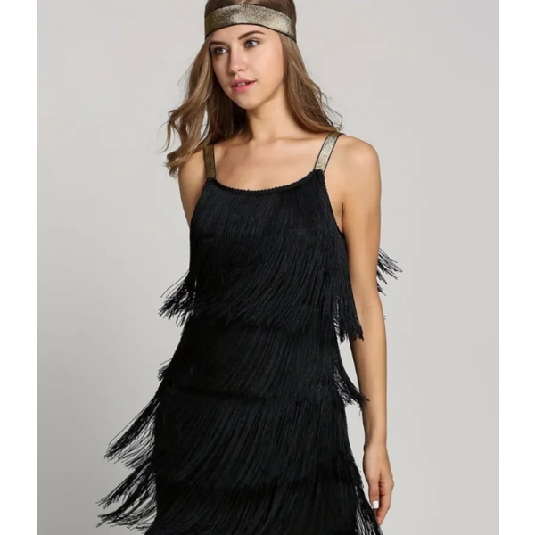 1920-talsdräkt med fransar för kvinnor Ärmlös A-linje latinsk klänning Great Gatsby Charleston Party halloween dräkt klänningar black XXXL