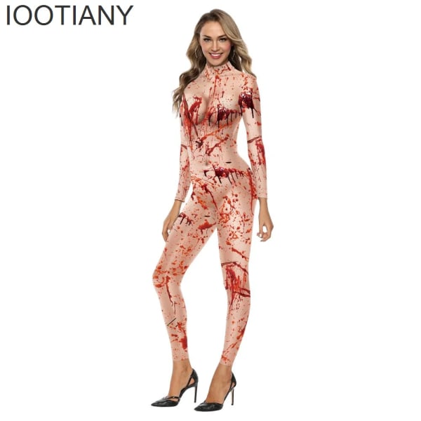 IOOTIANY Bloody Bloodstains 3D print Kvinnor Sexig Jumpsuit Halloween Skräck Carnival Cosplay Kostymer Snygga Bodysuit Party-byxor B M