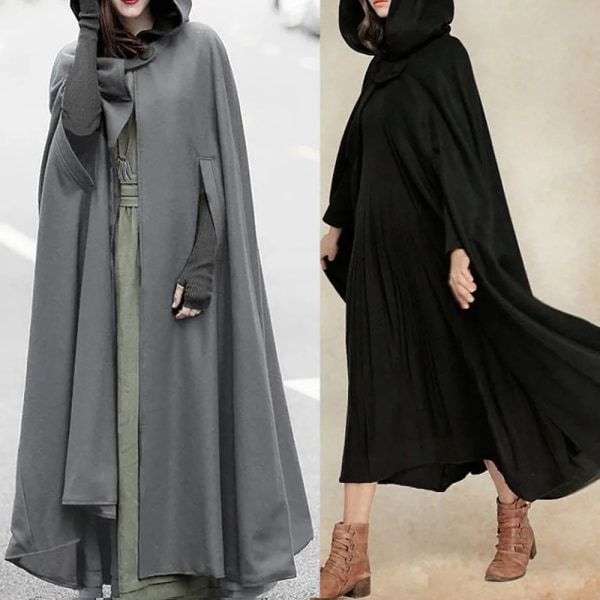 ZANZEA Dam Poncho Vinter Huva Öppen Front Kappa Lös Solid Lång Kappa Huvtröjor Cosplay Ytterkläder Jul Casual Cape black S