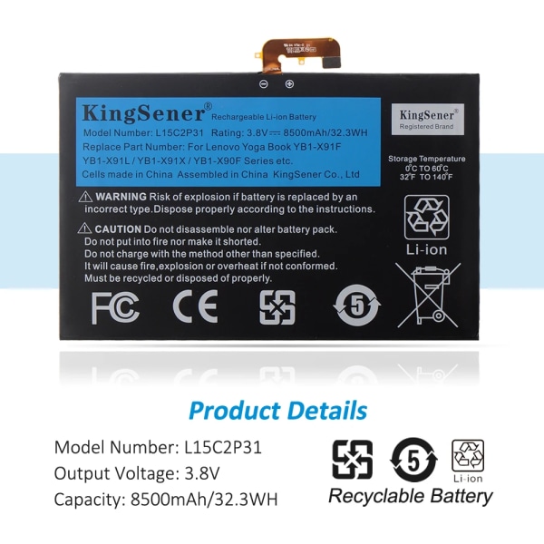 Laptopbatteri KingSener L15C2P31 8500mAh för Lenovo Yoga Book YB1-X91F X91L X91X YB1-X90F YB1-X90L Series Tablet