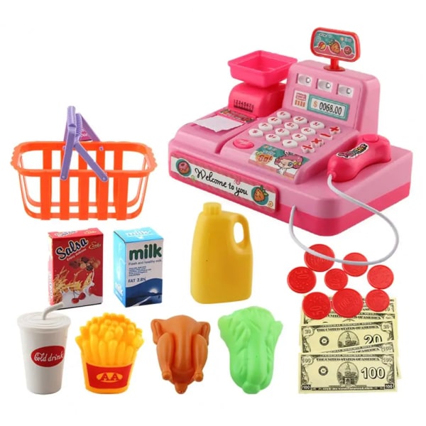 Set Rik tillbehör Förvaringskorg Scen Upplevelse Minibutik Kassaapparat Leksaker Låtsaslek Leksaker för barn Pink