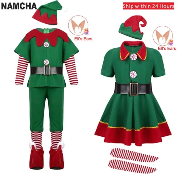 Jultomtekostym Grön tomte Cosplay Familj Karnevalsfest Nyår Fancy Dress Kläder Set För män Kvinnor Flickor Pojkar Boys Costume Height 100CM