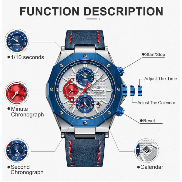 Lyx NAVIFORCE klockor för män Mode Läderrem Militär Vattentät Sport Kronograf Quartz Armbandsur Klocka med datum With Box