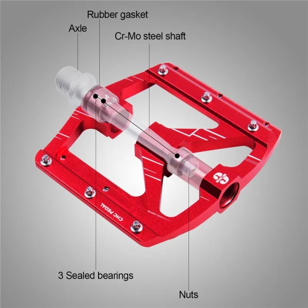 WEST BIKING Cykelpedaler 3 lager Halkfria MTB-pedaler Aluminiumlegering Platt Tillämplig Vattentät cykeltillbehör 3 Bearings Red