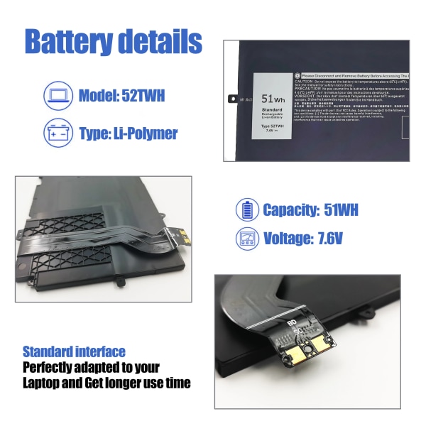 Laptopbatteri 52TWH Partihandel Uppladdningsbar Li-ion 52TWH för D-ell X-PS 13 7390 9310 2-i-1 P103G001 52TWH Black