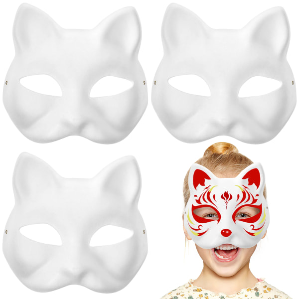 3st katt, vit DIY omålad katt slät för dekoration av maskerad för festtillbehör Therian mask Size 1