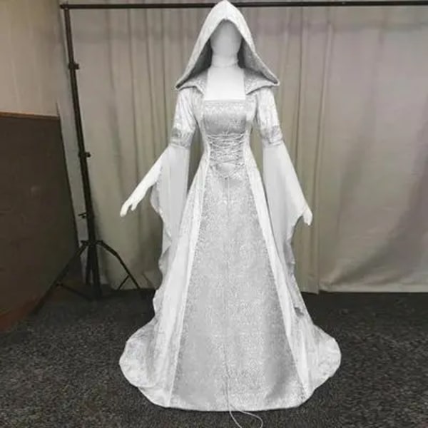 Medeltida retro gotisk huvtröja Häxa lång kjol Lyxig festklänning för kvinnor Cosplay Vampyr Halloween Vuxen kostym white 5XL