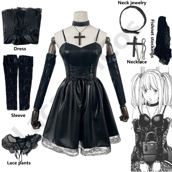 Death Note Cosplay kostym Misa Amane Läderimitation Sexig klänning +halssmycken+strumpor+halsband Uniform outfit Halloween peruk Dress only XXXL