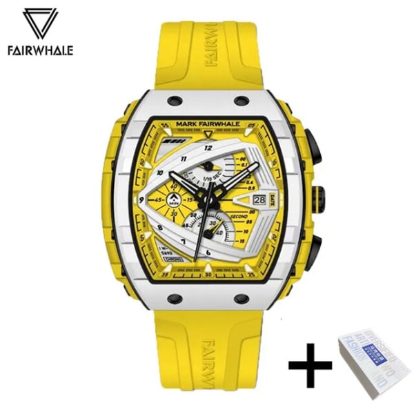 Mode Herr Lyx Klockor Kända märken Mark Fairwhale Original Sport Vattentät Tonneau Mille Quartz Armbandsur Mans Reloj FW-5690-Yellow