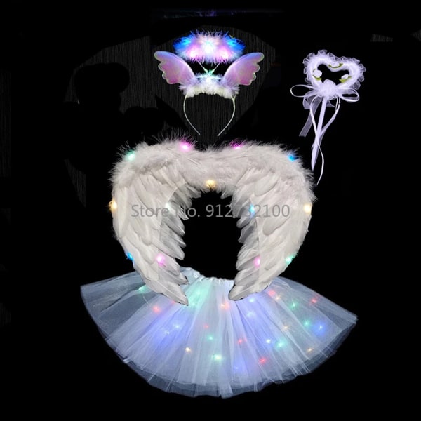 Angel Cosplay Light Tutu Kjol Hårband Glow Feather Wing Födelsedag LED Party Kostym-4st set 19 4pcs set 19 for 2-8years kids