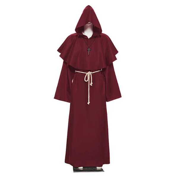 Medeltida munkkyrka Prästdräkt Cosplay-prästklänning med huva för män, kappa Cape Minister Kappa Halloween-outfit för vuxen Red M