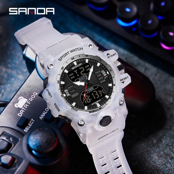 SANDA Sports Military Watch Lyx LED Digital watch Mode utomhus Electron Quartz Man Armbandsur Dual Display Herrklocka Transparent Black