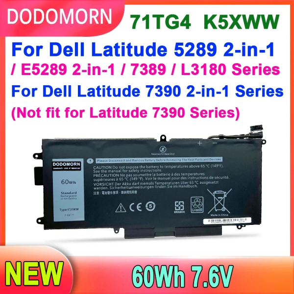 Laptopbatteri DODOMORN 71TG4 K5XWW För DELL Latitude 5289 7389 7390 2-i-1 L3180-serien Hög kvalitet 725KY N18GG 7,6V 60WH