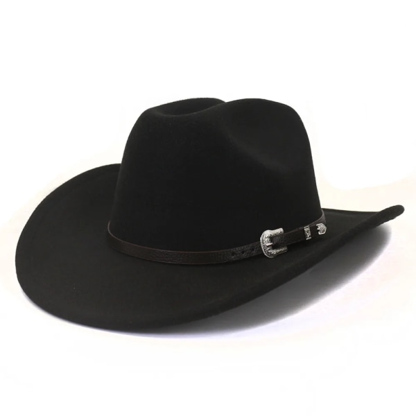 Vintage Män Western Cowboy Hatt Med Bälte Vinter Höst Roll Up Rim Cowgirl Jazz Church Cap Sombrero Hombre Black