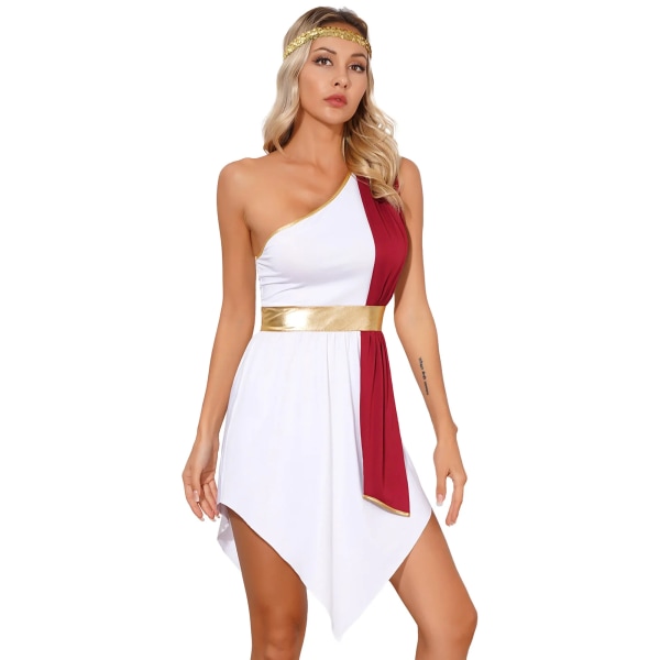 Kvinnors Halloween antik grekisk romersk gudinna Cosplay kostym Klänning med en axel med pannband Cleopatra Rollspel Toga Robe Blue L