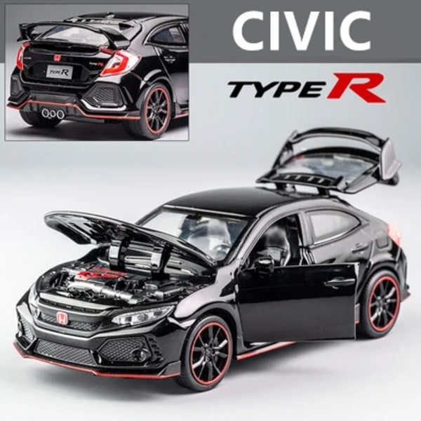 HONDA CIVIC Typ -R legeringsbil modell 1:32, metallsportfordon, ljud- och ljussamling, barnleksak, present - fordonsleksaker Black 1