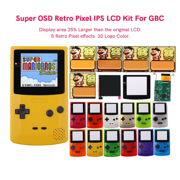 Super OSD RETRO PIXEL IPS Större LCD SCREEN KIT Bakgrundsbelysning Ljusstyrka Touchsensor För GameBoy Färg För GBC Q5 IPS LCD Kit N Gray