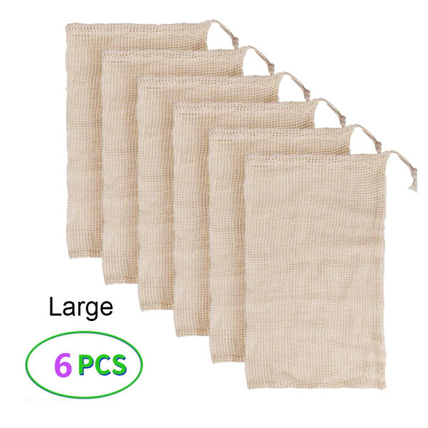 6st Återanvändbar grönsakspåse Tvättbar mesh Eco String-påsar för grönsaksfrukt Shoppingkök Förvaring och organizer 6pcs-L