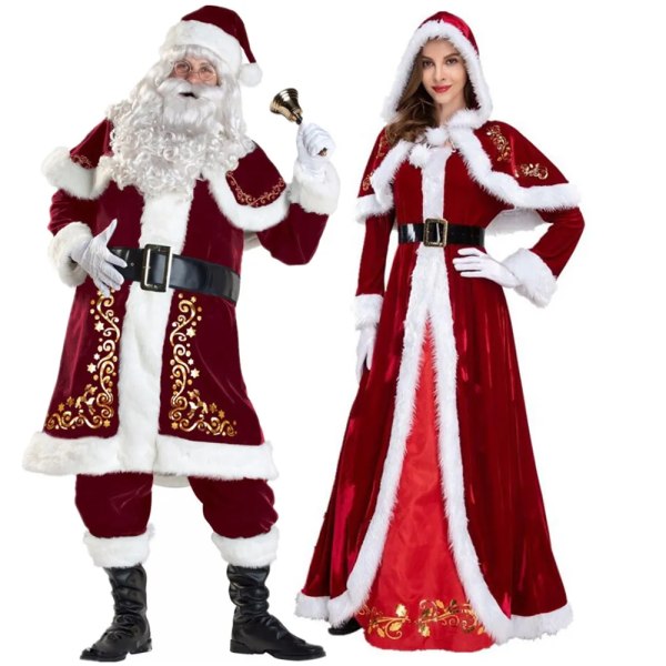 Plus Size Deluxe Velvet Vuxna Juldräkt Cosplay Par Jultomtekläder Fancy Dress Xmas Uniform Kostym För Män Kvinnor Red  Women XXXL