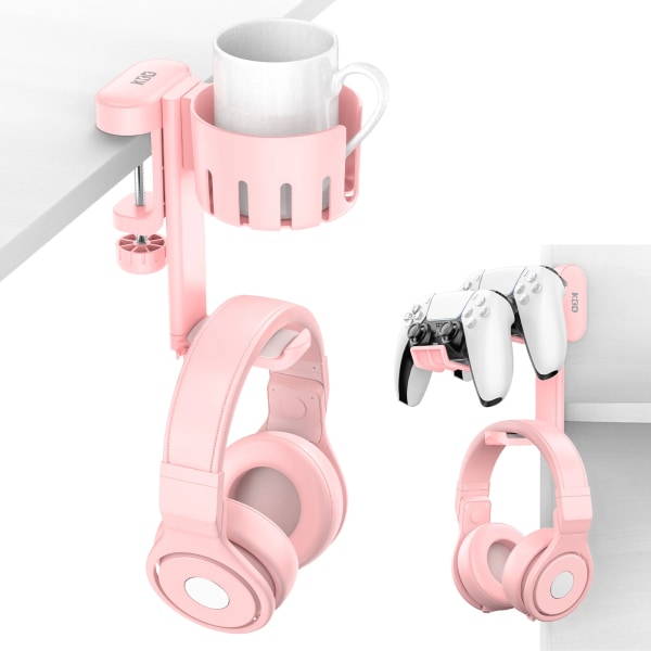 Vridbar hörlurshållare 3 i 1 under skrivbordsklämma Controller Ställ Utbytbar mugghållare för Universal Controller och Headset Pink