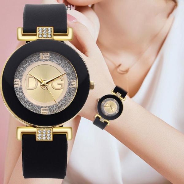 Hög kvalitet Dqg Märke Enkel Kristall Mode Kvarts Watch Svart Design Silikonrem Stor Urtavla Kreativt Mode white