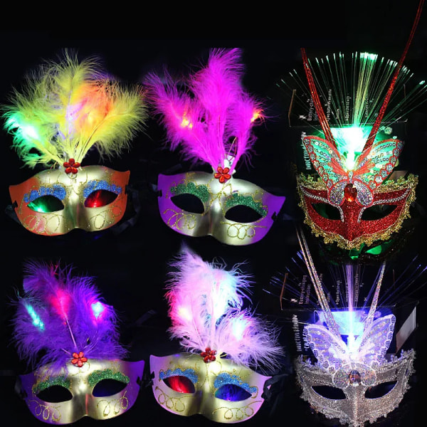 10st Glow LED Light Up Mardi Gras Maskerad Fjädermasker Fjärils Venetiansk Mask style 3