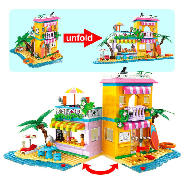 Vänner Modern Princess Beach Sunshine Paradise House Slottset Water Park Slide Dockor DIY Byggklossar Leksaker för flickor Present 1018pcs no box