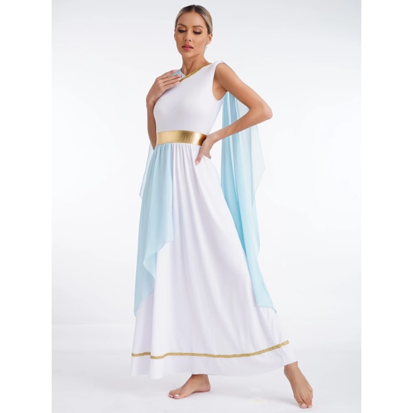 Kvinnors Halloween grekiska Beaty Cosplay Kostymer Chiffong Cap Ärm Guldkanter Ancient Toga Grekland Roman Queen Dress Up Klänning Light Blue XL