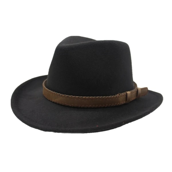 Äkta män Dammode Cowboyhatt med bälte Hatt med bred brätte Ull Trilbyhatt Vuxenhatt Storlek 56 58CM Black