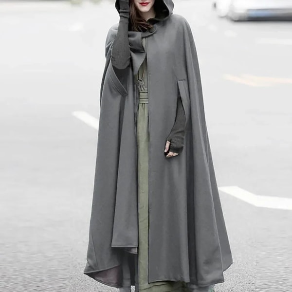 ZANZEA Dam Poncho Vinter Huva Öppen Front Kappa Lös Solid Lång Kappa Huvtröjor Cosplay Ytterkläder Jul Casual Cape gray M