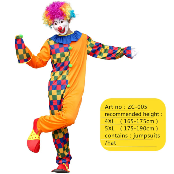 Halloween Vuxen Rolig Cirkus Clown Jumpsuit Karnevalsfest Cosplay Män Kostym Klä upp Ingen peruk ZC-005 4XL