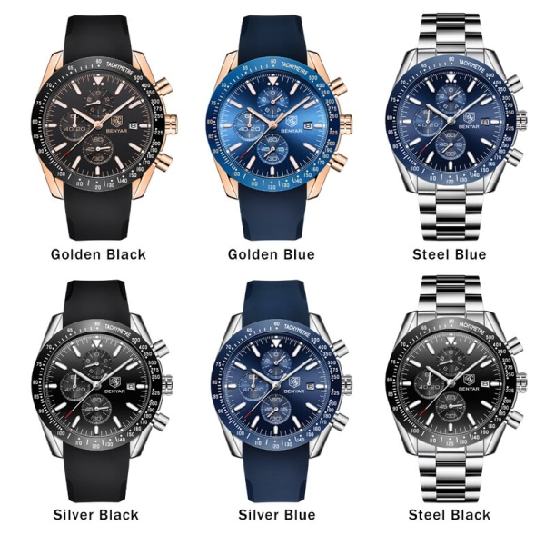 BENYAR Herrklockor Märke Lyx Silikon & Stål Armbandsur Man Läder Kronograf Kvarts Watch Relogio Masculino Steel Blue in Box