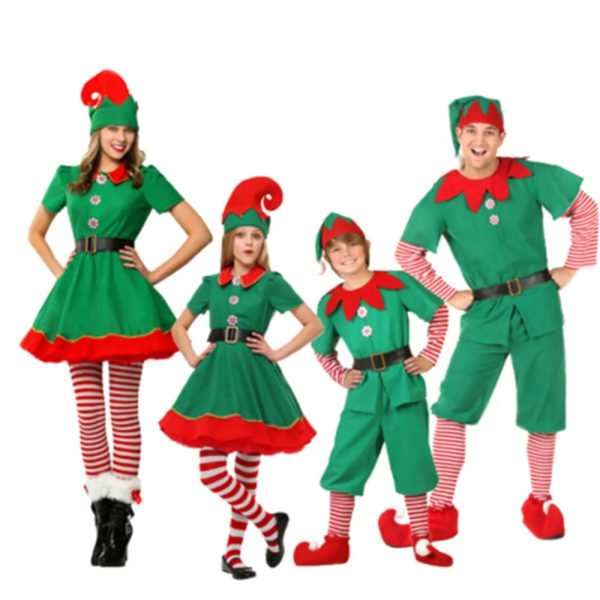 Jultomtekostym Grön tomte Cosplay Familj Karnevalsfest Nyår Fancy Dress Kläder Set För män Kvinnor Flickor Pojkar Girls Costume Height 110CM