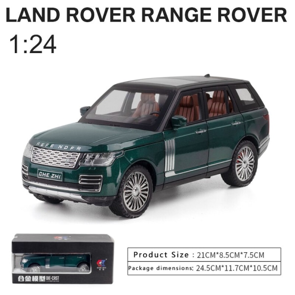 Land rover rover rover suv 1:24 bilmodell, ljud- och ljussimulering, räfflad rygg, samling av legeringsbilar, prydnadssaker, leksak för pojkar, bilpresenter Green with Box