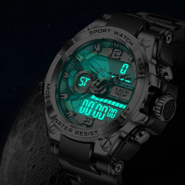 LIGE Digital Herr Watch 50m Vattentät Armbandsur LED Quartz Klocka Sportklocka Man Stora Watch Herr Relogios Masculino Silver black