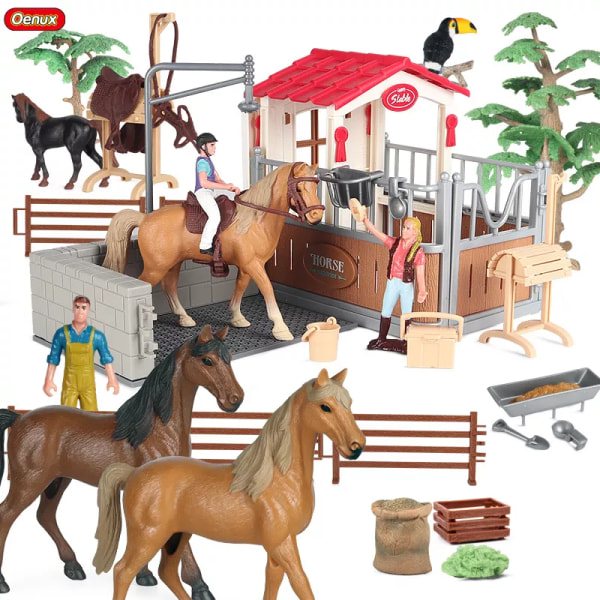 Oenux Farm Stall House Modell Action Figurer Emulerande Ryttare Häst Djur Lekset Figurine Söt pedagogisk Barn Leksak Present