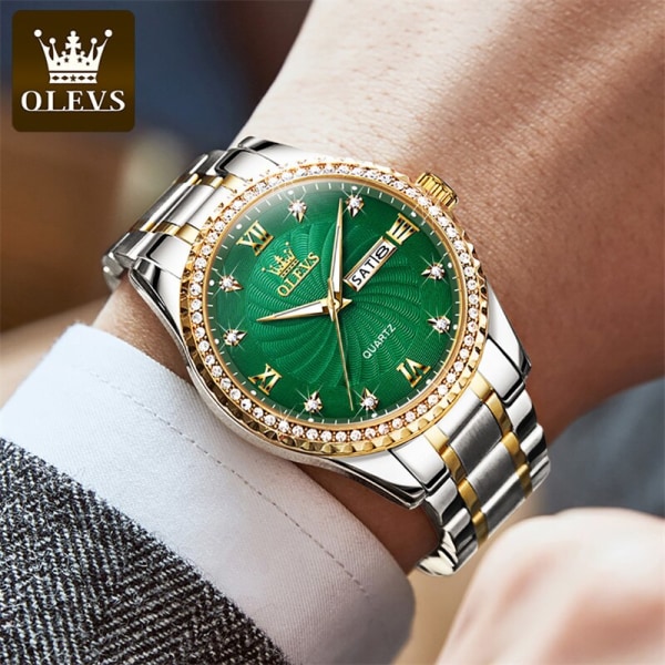 OLEVS Brand Herrklockor Grön Roterande Urtavla Diamond Quartz Watch Herr Rostfritt stål Vattentät Watch Business Reloj 2023 Gold