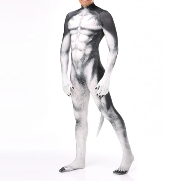 Zawaland Halloween Wolf Print Body Cosplay Kostymer Skrämmande partylekdräkter Overall Catsuit Zentai med svans för unisex Style19 L